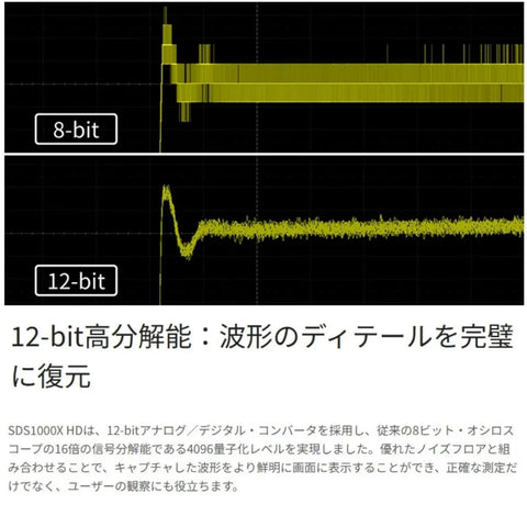 Comparison of 8-bit and 12-bit resolution waveforms on oscilloscope display for 4 Channel Mixed Signal Oscilloscope With 100 MHz Bandwidth