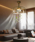 Caged Ceiling Fan with Light Wireless Control Gold Iron for Bedroom in a modern living room with a cozy sofa.