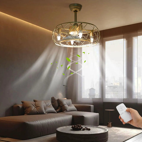 Caged Ceiling Fan with Light Wireless Control Gold Iron for Bedroom in a modern living room with a cozy sofa.