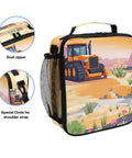 Insulated Lunch Container With Buckle For School featuring cartoon road roller desert theme, dual zipper detail visible
