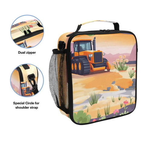Insulated Lunch Container With Buckle For School featuring cartoon road roller desert theme, dual zipper detail visible