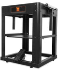 Rock Solid Multi Purpose Rolling Workbench For Planers And Miter Saws With Extendable Arms Span Fifty Four Inches showing black metal frame and pedal.