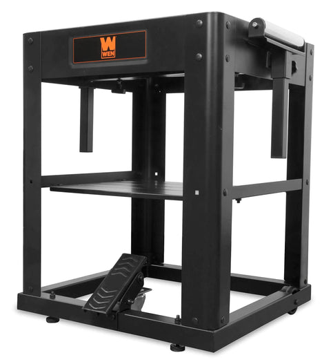 Rock Solid Multi Purpose Rolling Workbench For Planers And Miter Saws With Extendable Arms Span Fifty Four Inches showing black metal frame and pedal.