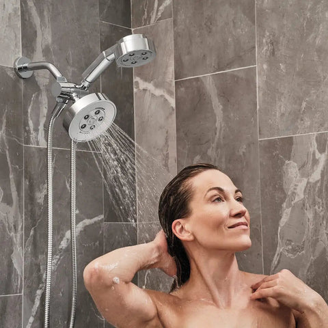 Dual Shower Head With Six Spray Modes, Polished Chrome, 2.5 GPM Water Saving Flow, Infinite Custom Settings From Invigorate To Massage