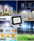 Collage of 100W LED Outdoor Flood Light With Motion Sensor illuminating various locations like warehouse, garage, pool, and stadium