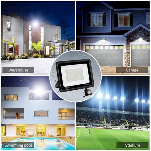 Collage of 100W LED Outdoor Flood Light With Motion Sensor illuminating various locations like warehouse, garage, pool, and stadium