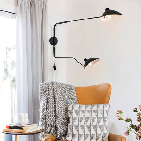 Retro Dope Plug In Wall Sconce With Swivel Arm And Adjustable Head in living room setting with chair and decor