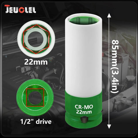 22mm Thin-Wall Wheel Protector Impact Socket For Lug Nuts, Non-Marring Deep Socket, Half-Inch Drive, Scratch-Free Wheel Change Tool