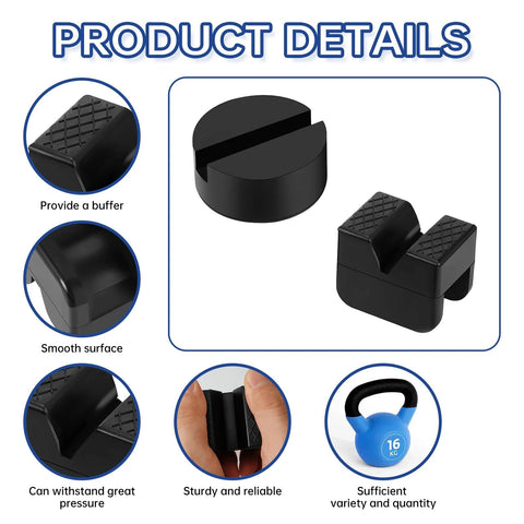Eight-piece black rubber jack stand pad set, two types (round and slotted-frame) for universal jack stands.