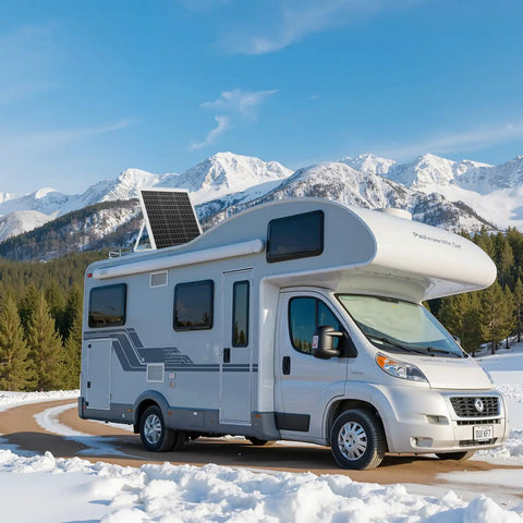 RV with 20W 12V Solar Panel Battery Charger With Intelligent MPPT Controller in snowy mountains, adjustable mount shown