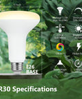 BR30 LED Flood Bulbs Fit Perfectly Inside Recessed Cans, 7.5 Watt Replaces 65 Watt, Soft White 2700K with E26 base and specs