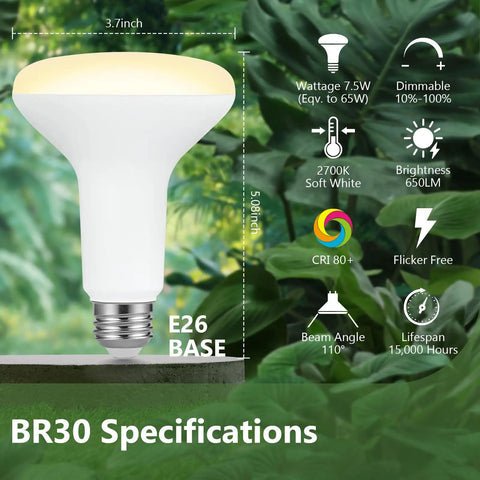 BR30 LED Flood Bulbs Fit Perfectly Inside Recessed Cans, 7.5 Watt Replaces 65 Watt, Soft White 2700K with E26 base and specs