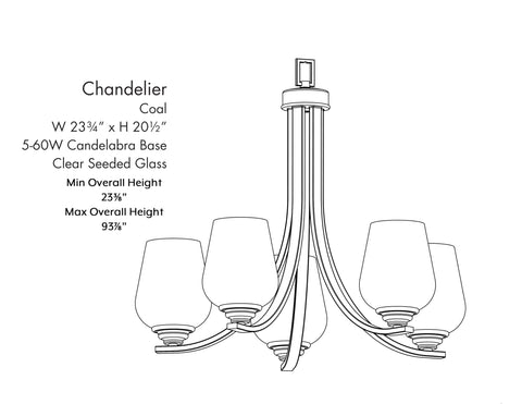 Line drawing of Shyloh 3 Light Chandelier In Coal Black, Dimmable Ceiling Light with clear seeded glass shades, modern design.
