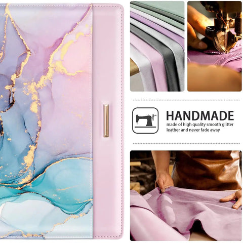 Close-up of Padfolio For Women And Men With Clipboard Boss Style in pink, blue, gold design, showing leather texture and craftsmanship.