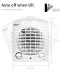 Front view of personal space heater with 1500W power, adjustable thermostat, three heat settings, tip over protection, 10.5x8.25 inches