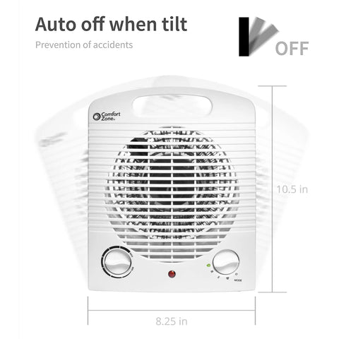 Front view of personal space heater with 1500W power, adjustable thermostat, three heat settings, tip over protection, 10.5x8.25 inches
