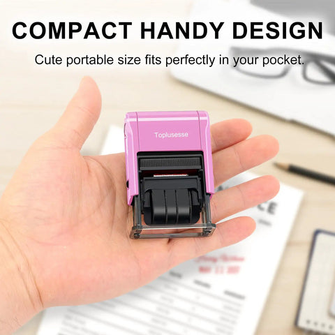 Deadly Accurate Self Inking Date Stamp With Received Phrase Smooth Dual Blue Ink And Fresh Red Number Band 12 Year Adjustable Office Desk Essential For No Sweat Daily Paperwork in hand showing compact size.