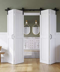 Bi-Fold Barn Door 64 By 84 Inches, MDF Sliding Closet Doors With Hardware Kit, pre-finished white, installed in interior doorway