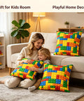 Set Of 2 Reversible Throw Pillow Covers With Color Building Blocks Toy Brick Print, 18x18 Inches, Zipper Closure, Soft 100 Percent Polyester, Cozy Living Room Decor For Home And Kids Rooms, Machine Washable Cushion Covers in a kids room