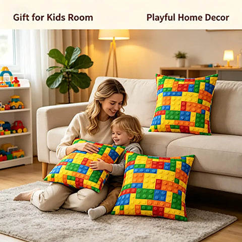 Set Of 2 Reversible Throw Pillow Covers With Color Building Blocks Toy Brick Print, 18x18 Inches, Zipper Closure, Soft 100 Percent Polyester, Cozy Living Room Decor For Home And Kids Rooms, Machine Washable Cushion Covers in a kids room
