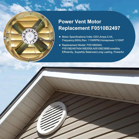 Power vent motor replacement on attic, showing fan specifications and exterior vent