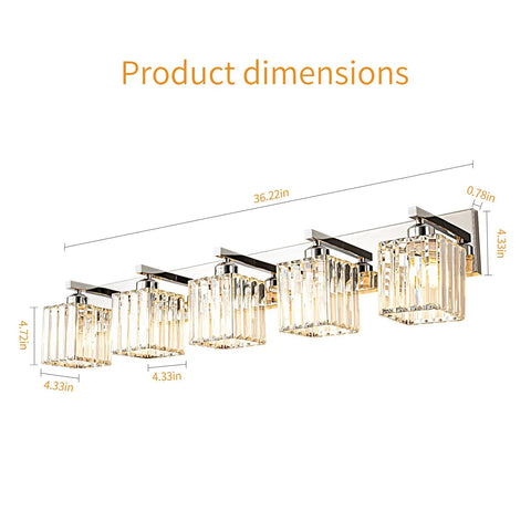 Modern Five Light Vanity Light In Chrome With Clear K9 Crystal Shades For Bathroom Wall Fixtures, product dimensions shown