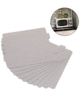 10 Pack Mica Sheets For Microwave Oven Heat Insulation And Waveguide Cover, silver sheets arranged, inset showing a microwave in kitchen