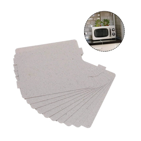 10 Pack Mica Sheets For Microwave Oven Heat Insulation And Waveguide Cover, silver sheets arranged, inset showing a microwave in kitchen