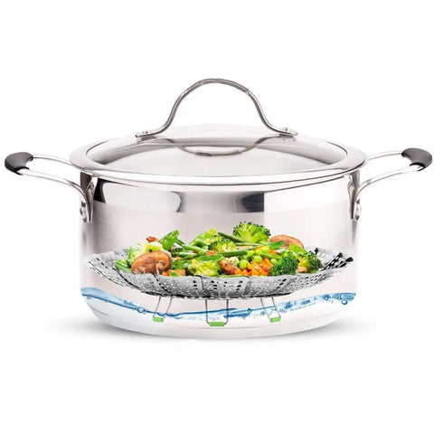 Vegetable Steamer Basket For Cooking Stainless Steel Folding Expandable Steaming Insert in a pot with vegetables inside