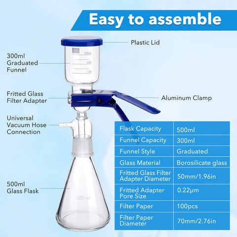 Pro Grade Lab Vacuum Filtration Distillation Apparatus Kit With 500 Milliliters Glass Vacuum Flask, 300 Milliliters Graduated Funnel