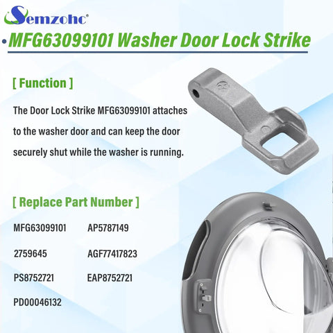 Door Lock Strike Replacement For LG And Kenmore Elite Front Load Washers Compatible With WM3050CW WM3600HVA WM3770HVA WM3170CW MFG63099101 Keeps Door Shut During Wash Cycle Easy DIY Washer Repair Part. Gray plastic washer door strike, front view.
