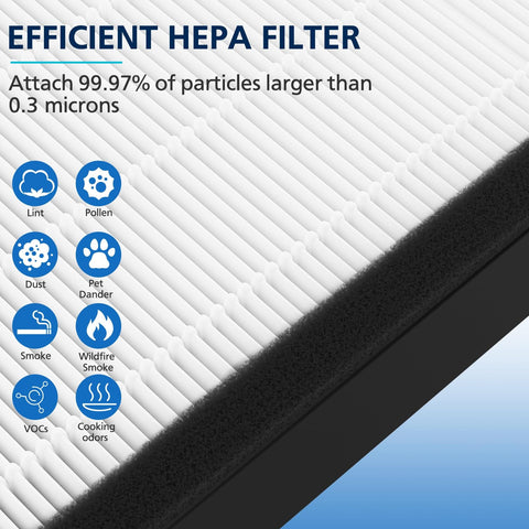 Close-up of Three Pack HEPA Filter B Replacement For Air Purifiers With Activated Carbon Pre-Filters showing efficiency details