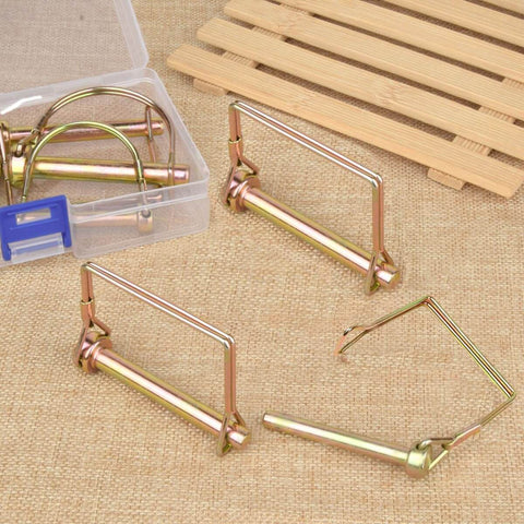 10 Pack Quarter Inch Trailer Hitch Pin Set With Quick Release And Locking Pin for towing coupler displayed on a burlap surface