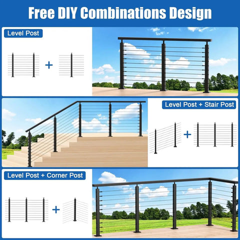 Complete Stair Cable Railing Kit For 10 To 15 Ft Runs With 3 Black 36 Inch Posts, 220 Ft One Eighth Inch Stainless Wire Rope, Invisible Cable System, DIY Post Kit No Handrail For 25 To 35 Degree Stairs Easy DIY Install diagram.