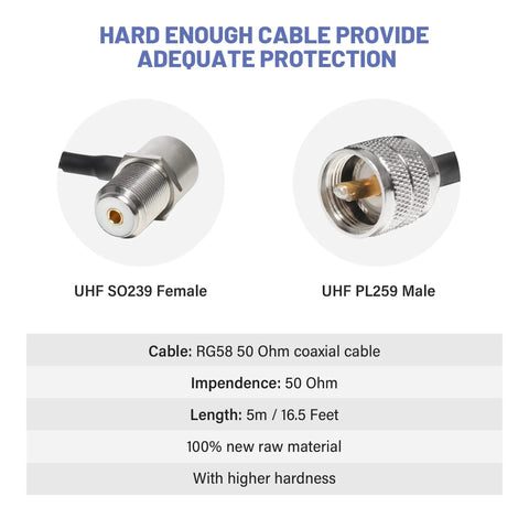 UHF SO239 Female and UHF PL259 Male connectors for Dual Band Vehicle Ham Radio Antenna 136-174 MHz UHF 400-470 MHz.
