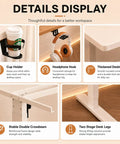 Details of Rock Smooth Electric Height Adjustable Desk With Walnut And White Finish include cup holder and headphone hook.