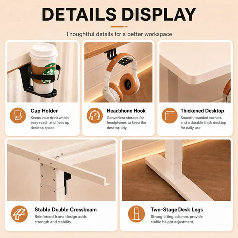 Details of Rock Smooth Electric Height Adjustable Desk With Walnut And White Finish include cup holder and headphone hook.
