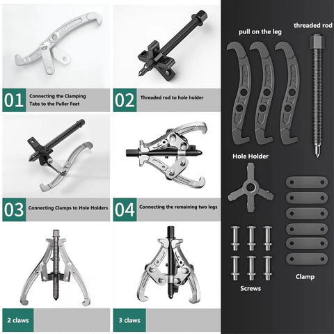 Heavy Duty 2 Or 3 Jaw Bearing Puller, 5.5 Ton 10 Inch Forged Carbon Steel Beast assembly instructions with parts layout.