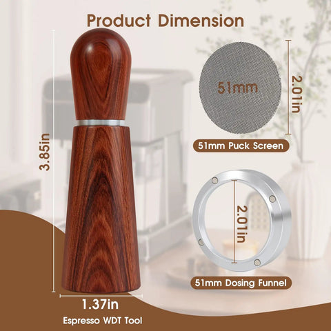 51mm Espresso Accessories Kit With WDT Tool Dosing Funnel Puck Screen Set shown with product dimensions.