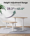 Electric Standing Desk With Splice Board, 63X24 Inch Height Adjustable Sit Stand Computer Table For Home Office with height range 28.3-45.6 inches.