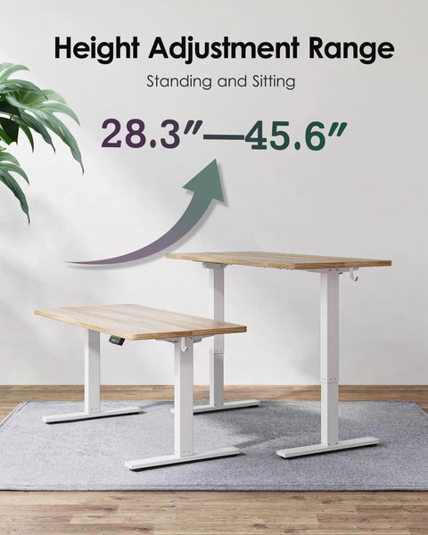 Electric Standing Desk With Splice Board, 63X24 Inch Height Adjustable Sit Stand Computer Table For Home Office with height range 28.3-45.6 inches.