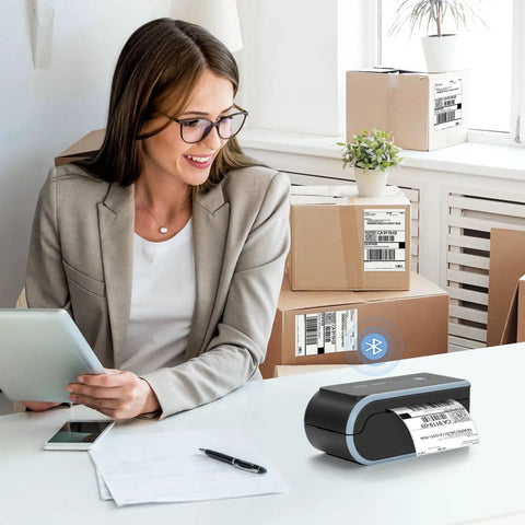 Bluetooth Thermal Label Printer With Built In Paper Bin Wireless Shipping Label Printer for iOS Android Windows Mac on desk