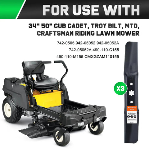 ZT1 50 Blade Set For Cub Cadet 50 Inch Mower Deck Replace 94205052A with 6 Star Shaped Center Hole shown with lawn tractor