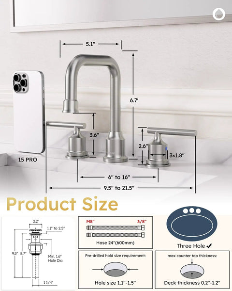 Two Handle 8 Inch Widespread High Arc Bathroom Faucet Brushed Nickel Sleek Look With Spot Resistant Finish dimensions illustration