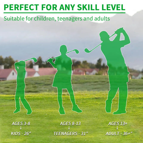 Silhouettes of golfers of various ages with labeled club lengths. Two Pack Adjustable Golf Club Set 23 To 39.5 Inch Length For Backyard Golf Fun Chipper.