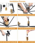 Installation steps for 8 Light Black and Gold Modern Farmhouse Chandelier for Dining Room, showing components and assembly process.