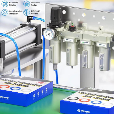 Industrial 4 Stage Air Drying System With 0 To 240 PSI Regulator And Half Inch NPT Ports, Dual Desiccant Dryer visible in shop setup
