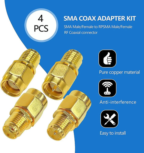4 Pack SMA To RP SMA Coax Connector Adapter Kit Low Loss Gold Plated Brass Cables For Radio Antenna Audio Video Ham Radio Setup And Diy Projects Ideal For Antenna Masts CB Radios And Various Applications showing four gold adapters