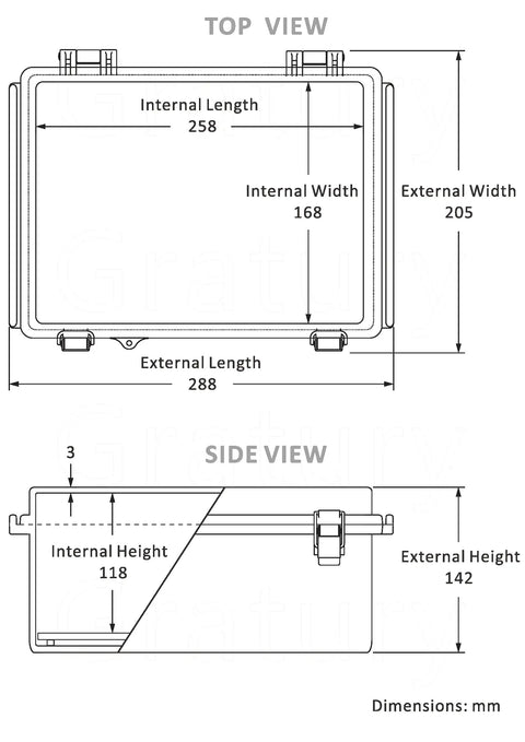 Technical diagram of IP67 Waterproof Junction Box Enclosure For Electrical Projects, Hinged Grey Cover, dimensions in mm.