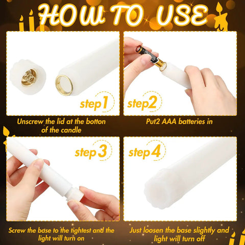 Setup guide for 24 Pack Flameless Taper Candles With Remote And Timer, showing battery insertion and base attachment.
